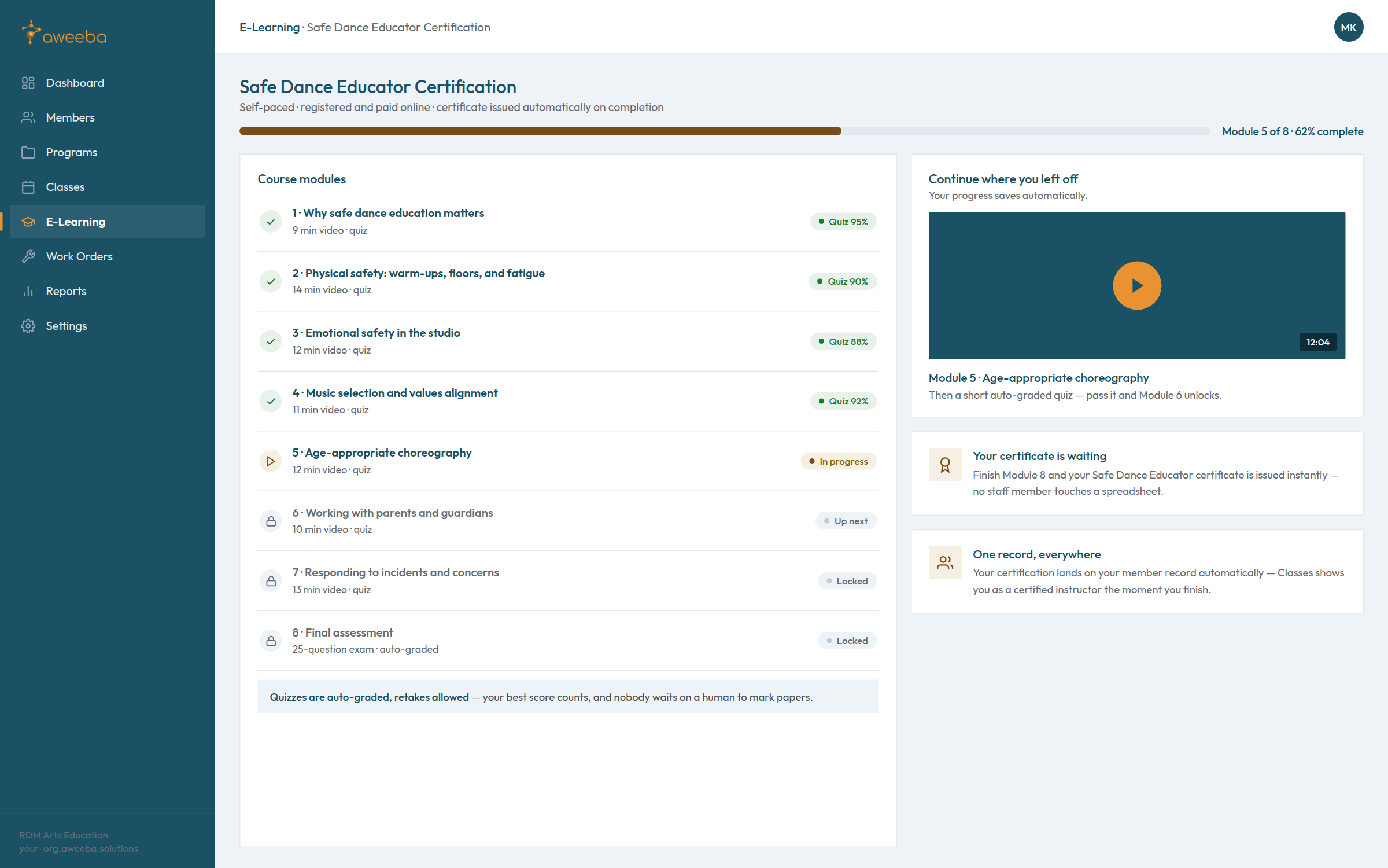 Aweeba Platform — e-learning portal showing course modules, auto-graded quiz scores, and automatic certification