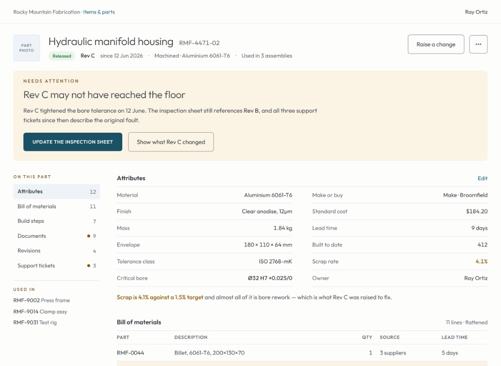 An Aweeba part record: bill of materials, build steps, documents, revisions and support tickets on one page