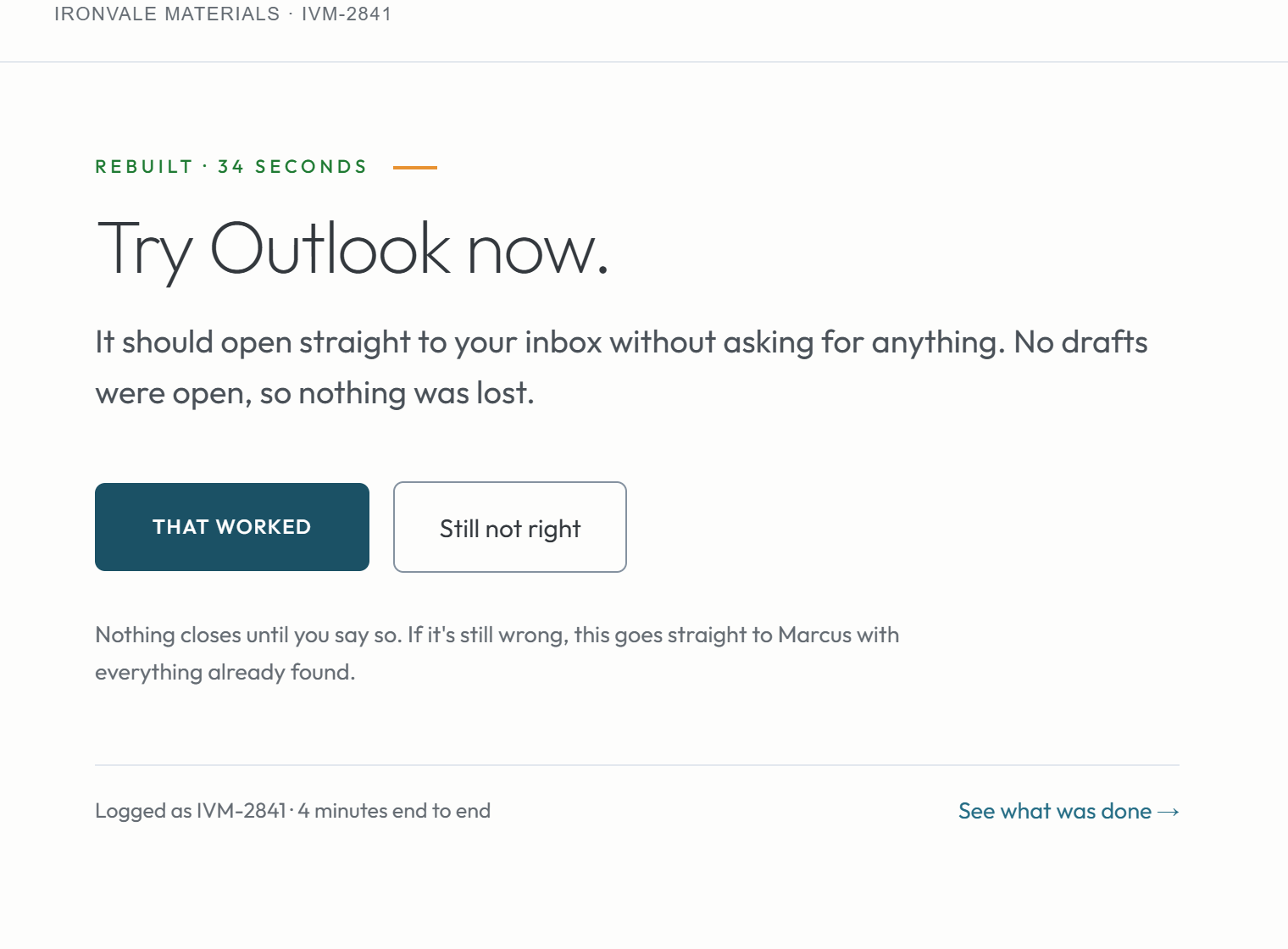 The Aweeba client portal: a mail profile rebuilt in 34 seconds, held open until the client confirms it worked